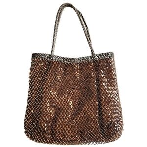 Comsi Comsa Orange Sequins Shimmering Brown Woven Tote Shoulder Bag Handbag